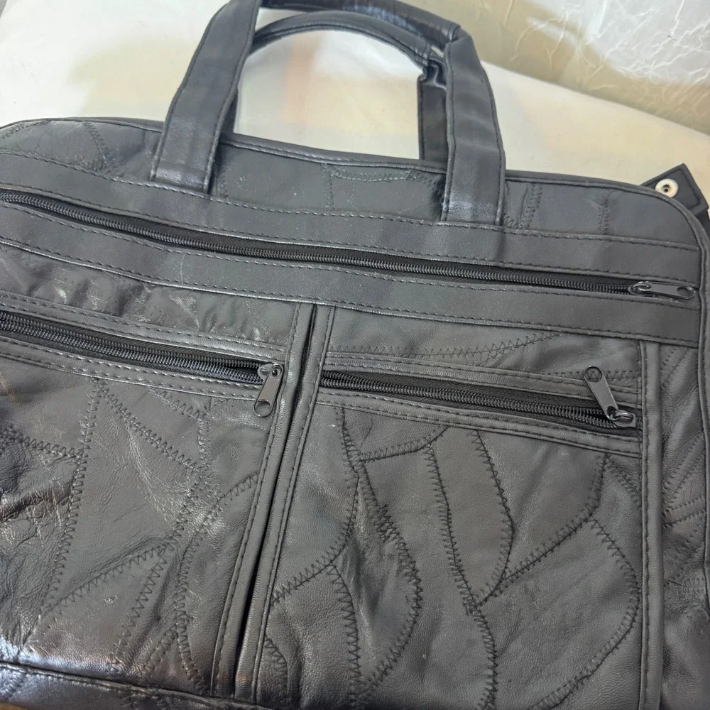 Patchwork Bonded Leather Briefcase Large Black Laptop Bag Professional